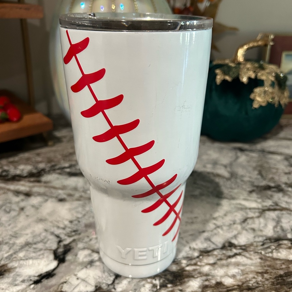 YETI White Tumbler with Red Stitching